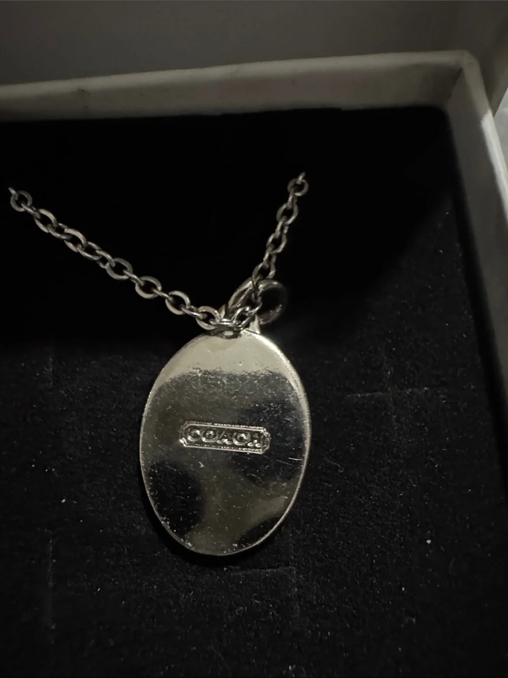 Coach Silver Chain Necklace with Green Enamel Oval Pendant